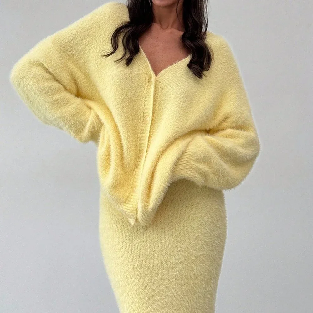 Yellow Casual Womens Oversized Long Sleeve Cardigan and Sweater Maxi Skirt set